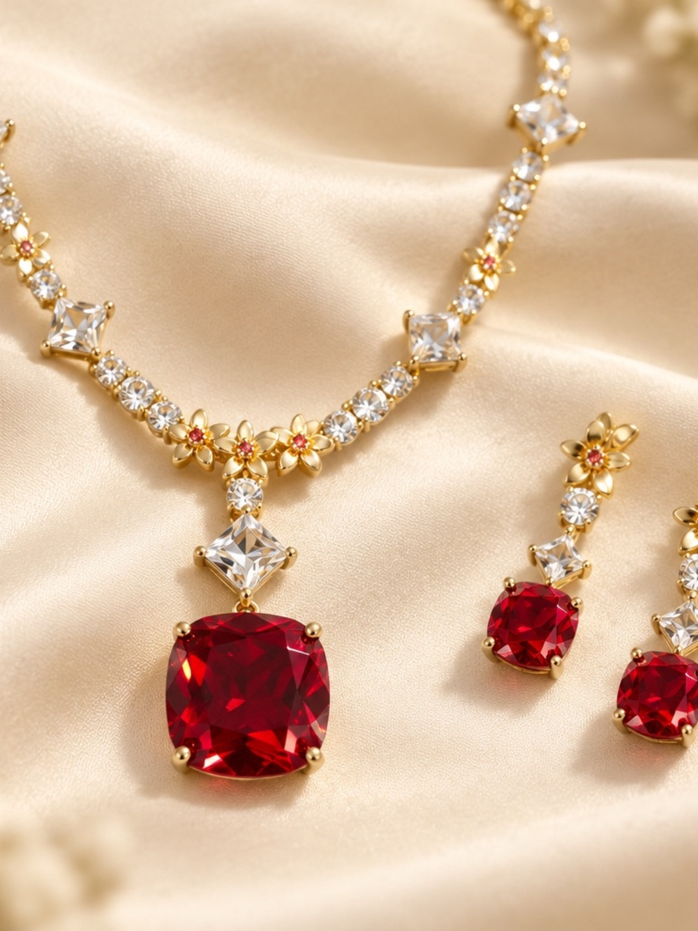 Betsy Johnson, Gold Necklace and Earrings Set with Red Gemstones
